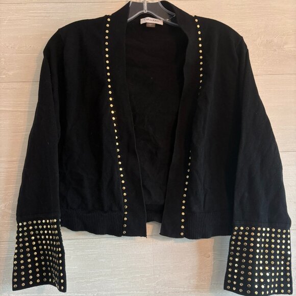 Calvin Klein Womens Cardigan Sweater Black Gold Stud Sleeves Waist Length XL - Picture 1 of 6